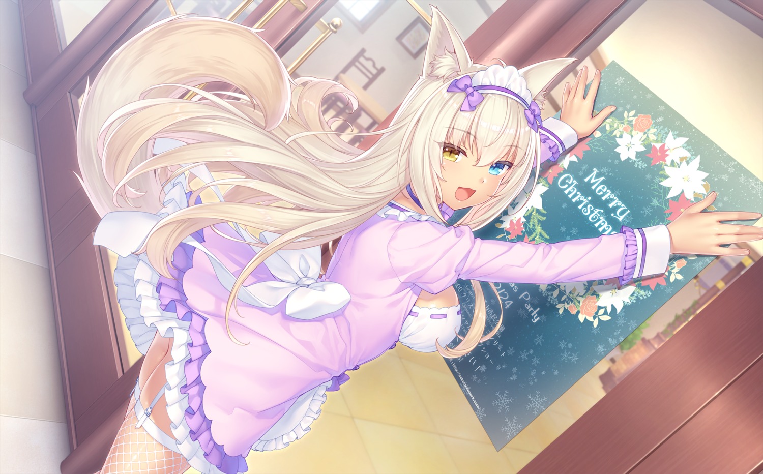 animal_ears, christmas, coconut, fishnets, game_cg, heterochromia, neko_works, nekomimi, nekopara, sayori, skirt_lift, stockings, tail, thighhighs, waitress
