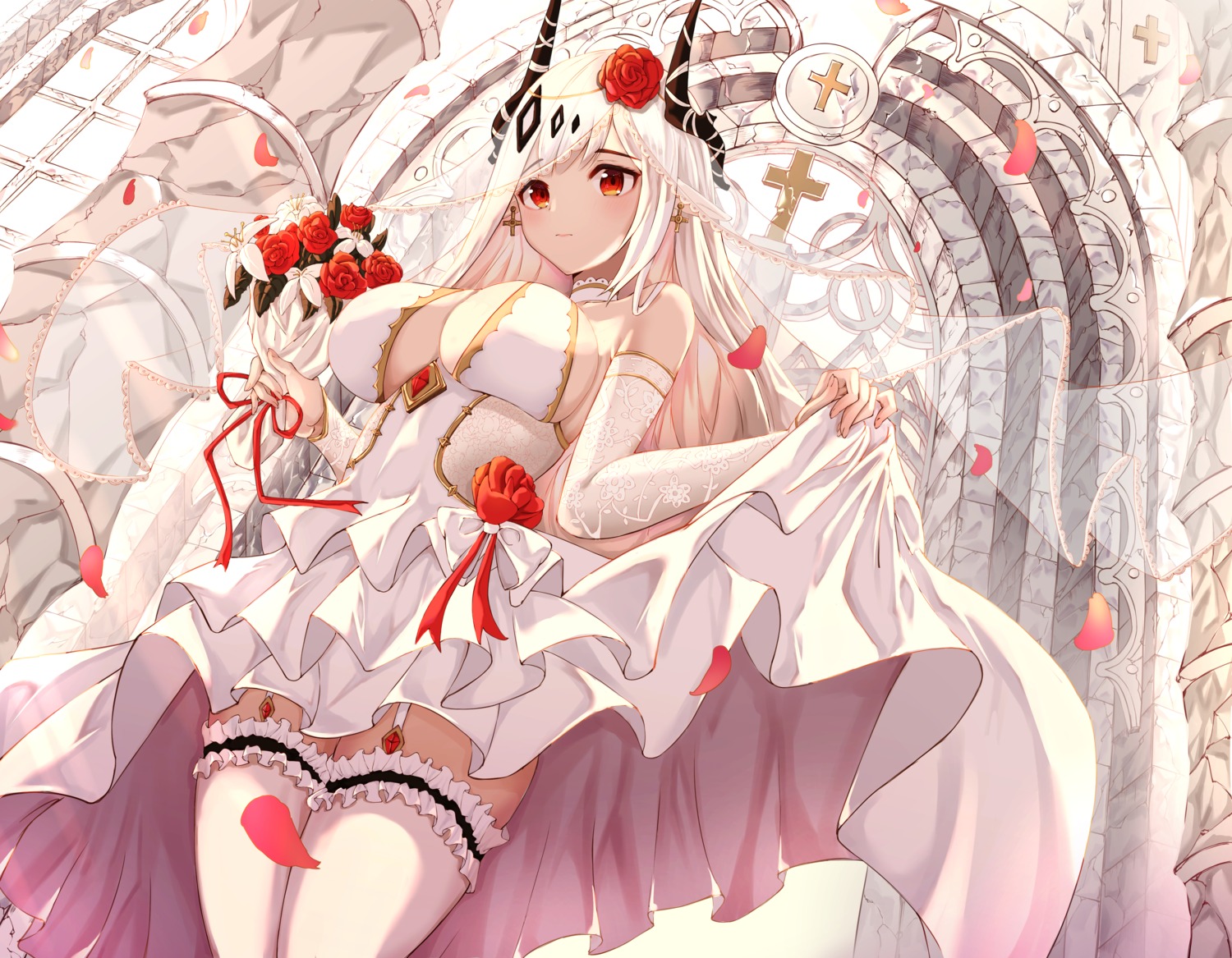 arknights, dress, horns, lankuchashuangjielong, mudrock_(arknights), no_bra, pointy_ears, see_through