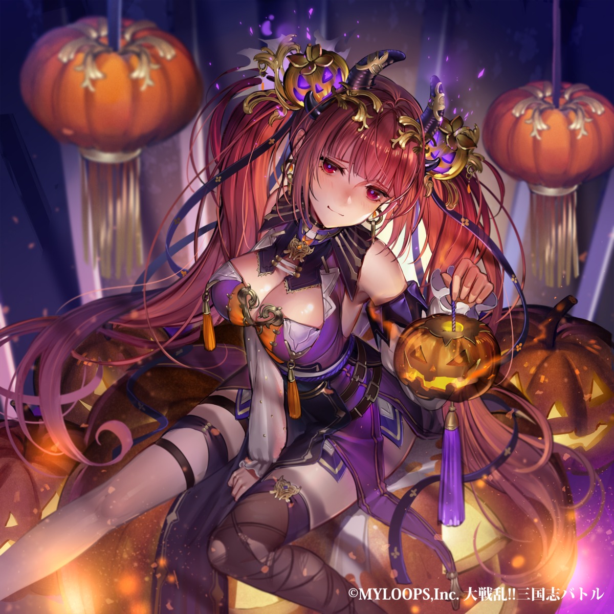 asian_clothes, cleavage, daisenran!!_sangokushi_battle, garter, halloween, hanusu, horns, thighhighs