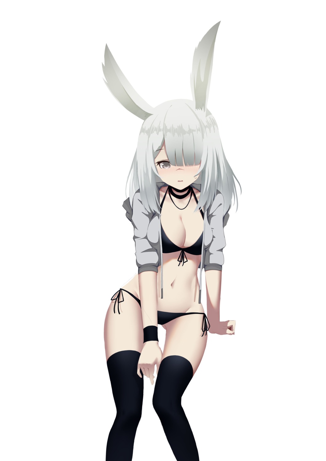 animal_ears, arknights, bikini, bunny_ears, frostnova_(arknights), huizhiyin, open_shirt, swimsuits, thighhighs