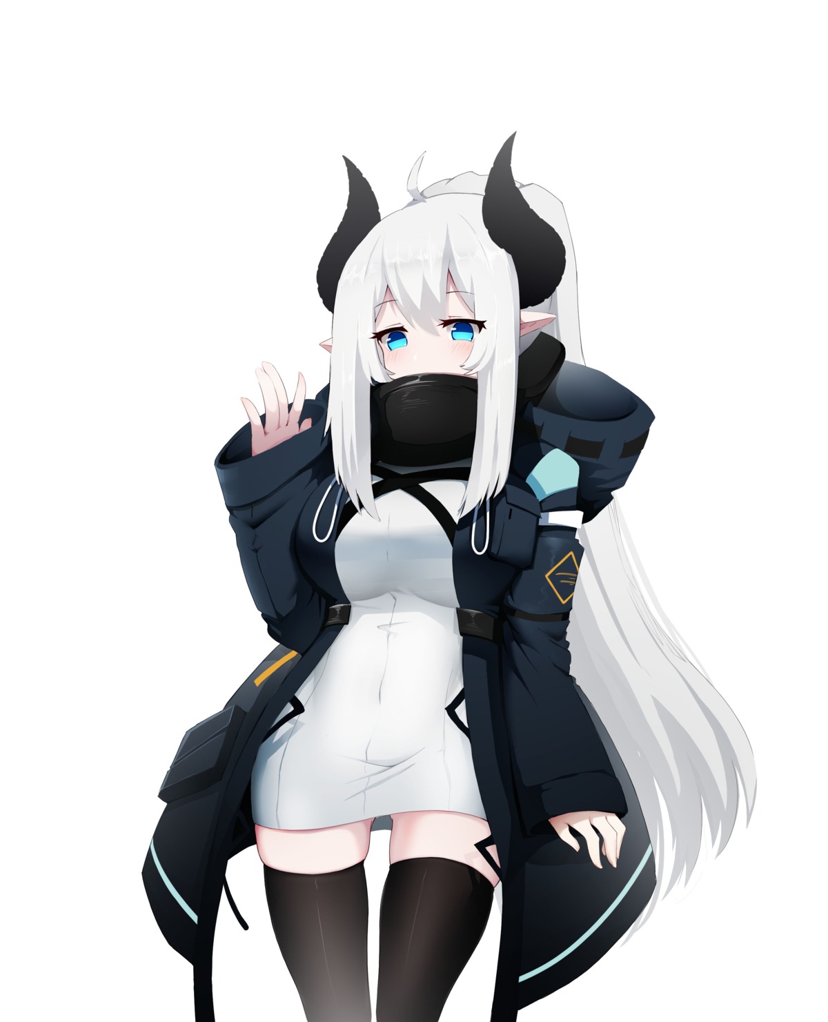 arknights, dress, horns, huizhiyin, mudrock_(arknights), pointy_ears, thighhighs