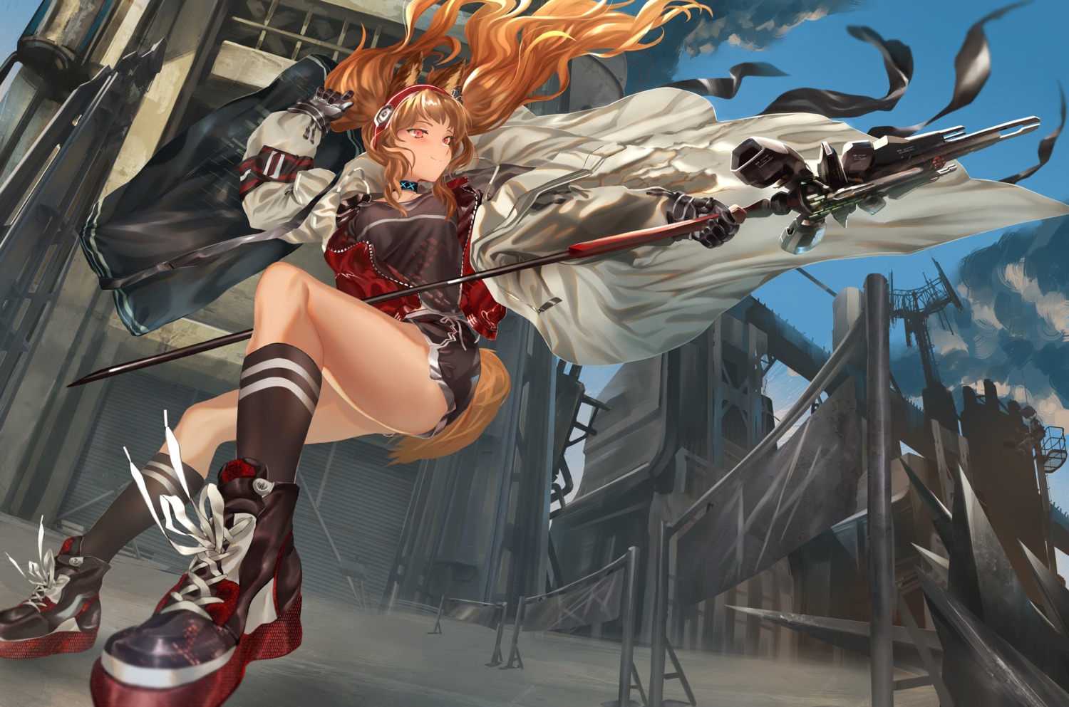 angelina_(arknights), animal_ears, arknights, tail, weapon, zinz