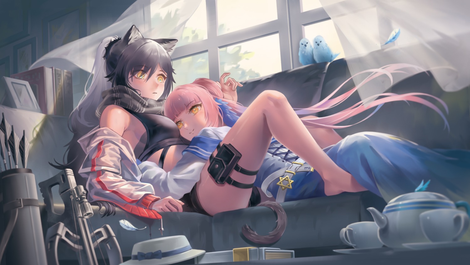 animal_ears, arknights, ceylon_(arknights), garter, schwarz_(arknights), tail, yinghuahua, yuri