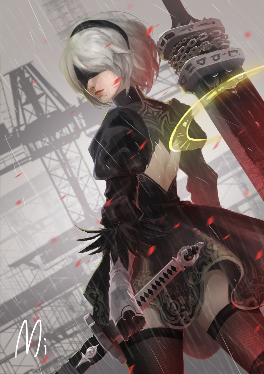 dress, mi_(630956686), nier, nier_automata, sword, thighhighs, yorha_no.2_type_b
