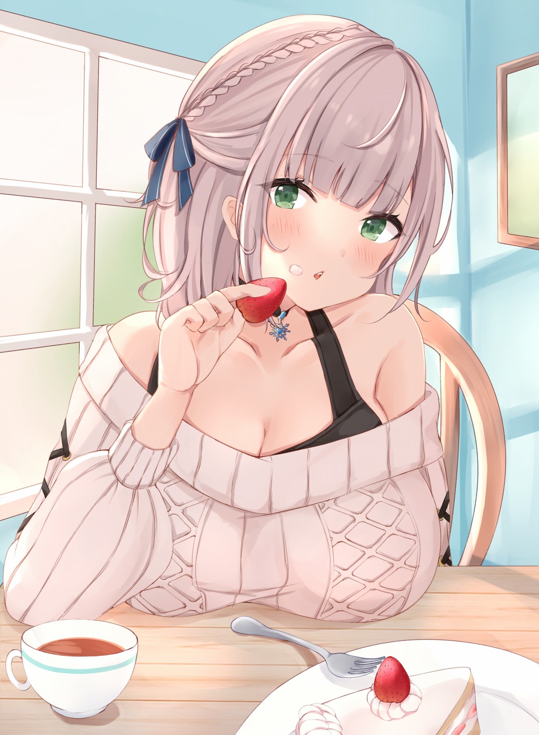 cleavage, cream, hololive, rikotan, shirogane_noel, sweater
