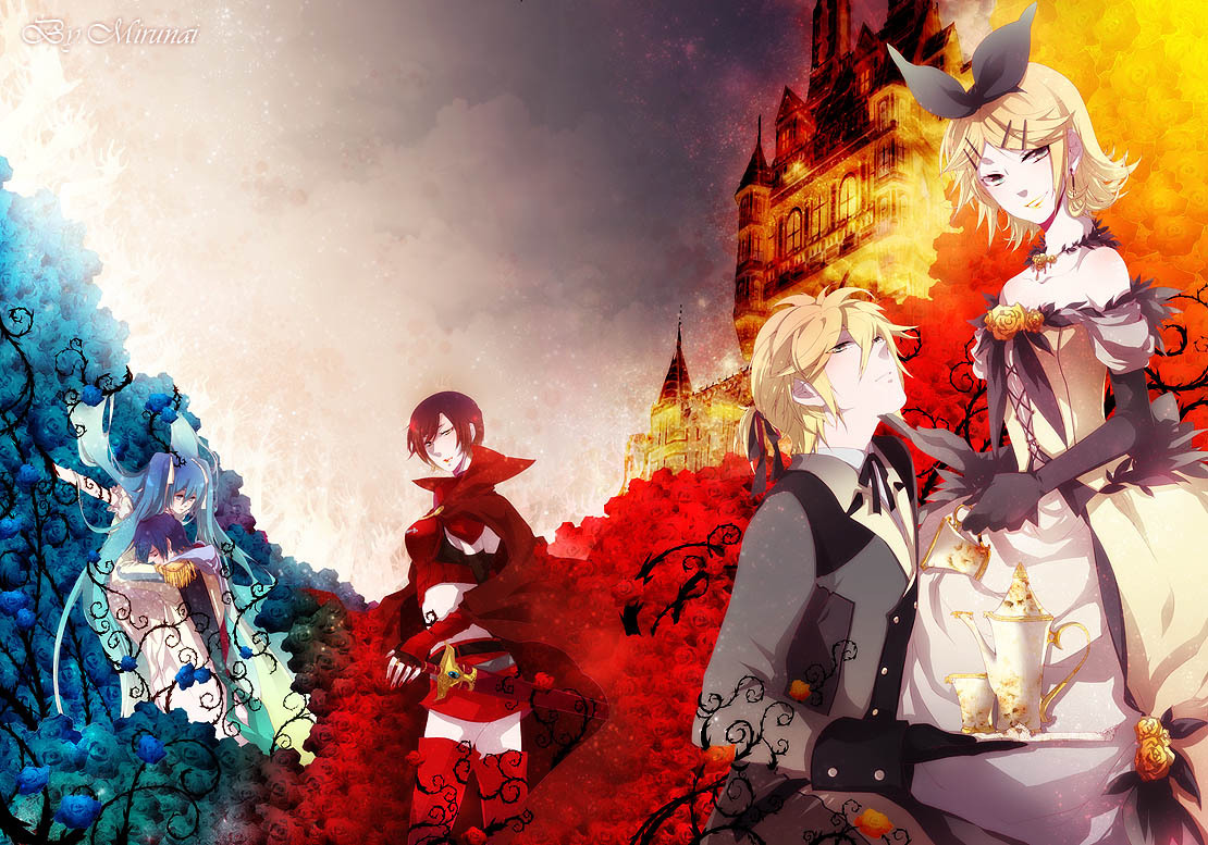 aku_no_meshitsukai_(vocaloid), hatsune_miku, jpeg_artifacts, kagamine_len, kagamine_rin, kaito, meiko, mirunai