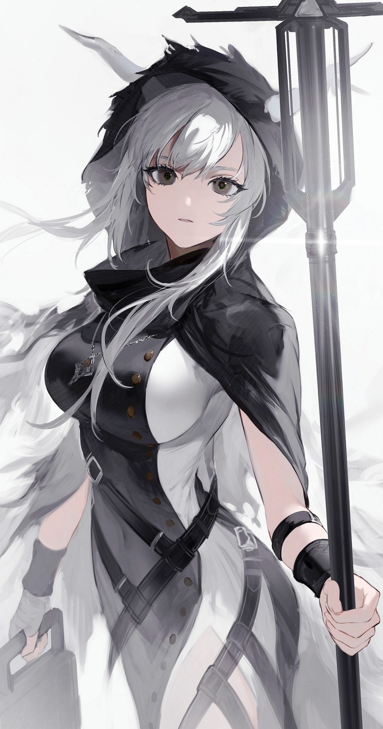 arknights, bandages, dress, garter, hoojiro, horns, shining_(arknights), weapon