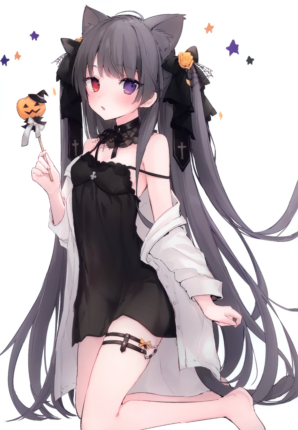 animal_ears, dress, garter, halloween, heterochromia, nekomimi, no_bra, suzumori_uina, tail
