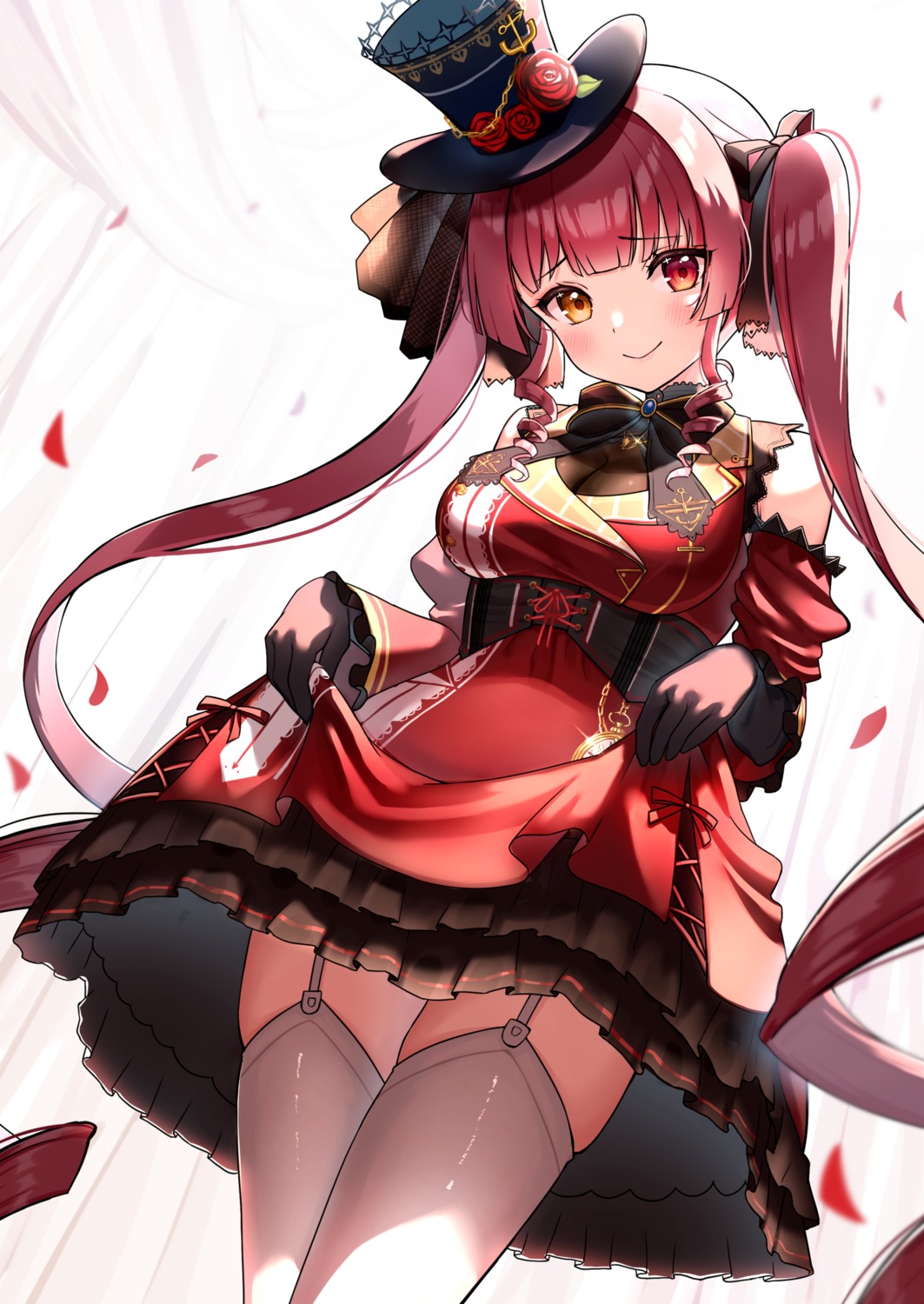 dress, heterochromia, hololive, houshou_marine, luna_(mi-chanman), skirt_lift, stockings, thighhighs