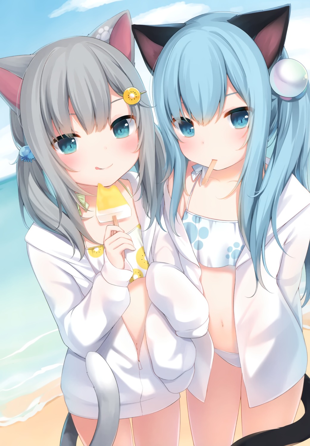 amashiro_natsuki, animal_ears, bikini, indie_virtual_youtuber, nacho_(amashiro_natsuki), nekoha_shizuku, nekomimi, swimsuits, tail, tattoo