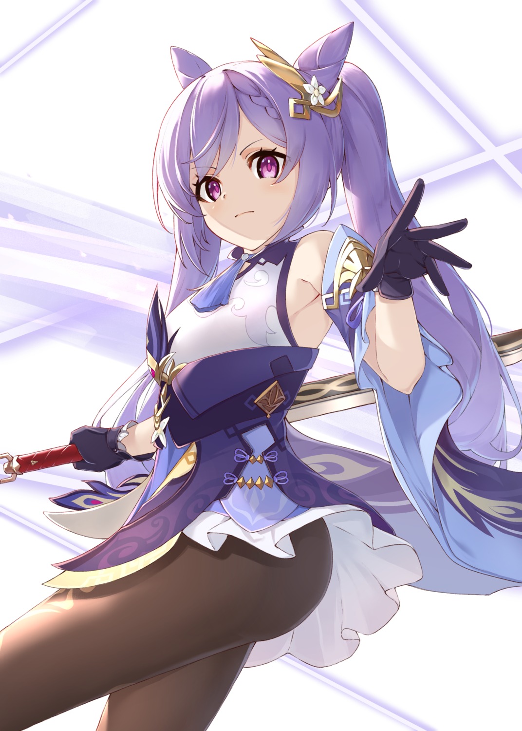 asian_clothes, genshin_impact, keqing, kimidori3_karla, pantyhose, skirt_lift, sword