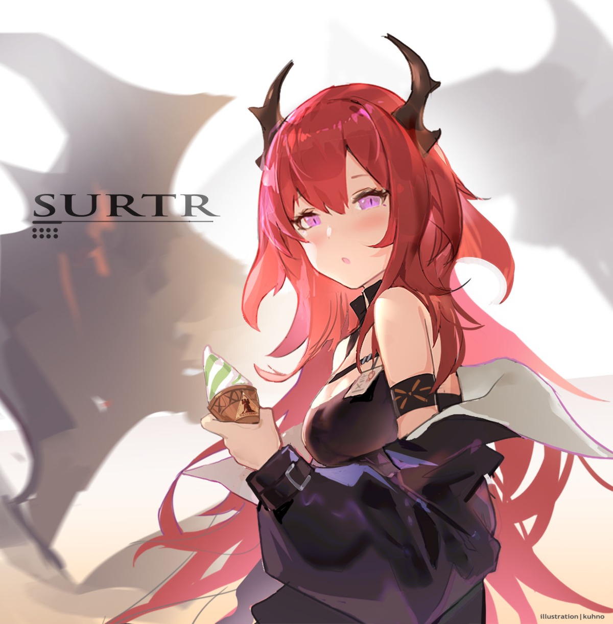 arknights, cleavage, horns, kuhnowushi, surtr_(arknights)