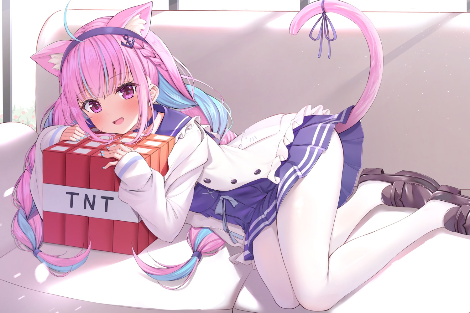animal_ears, hololive, minato_aqua, minecraft, nekomimi, pantyhose, seifuku, skirt_lift, tail, xue_lu