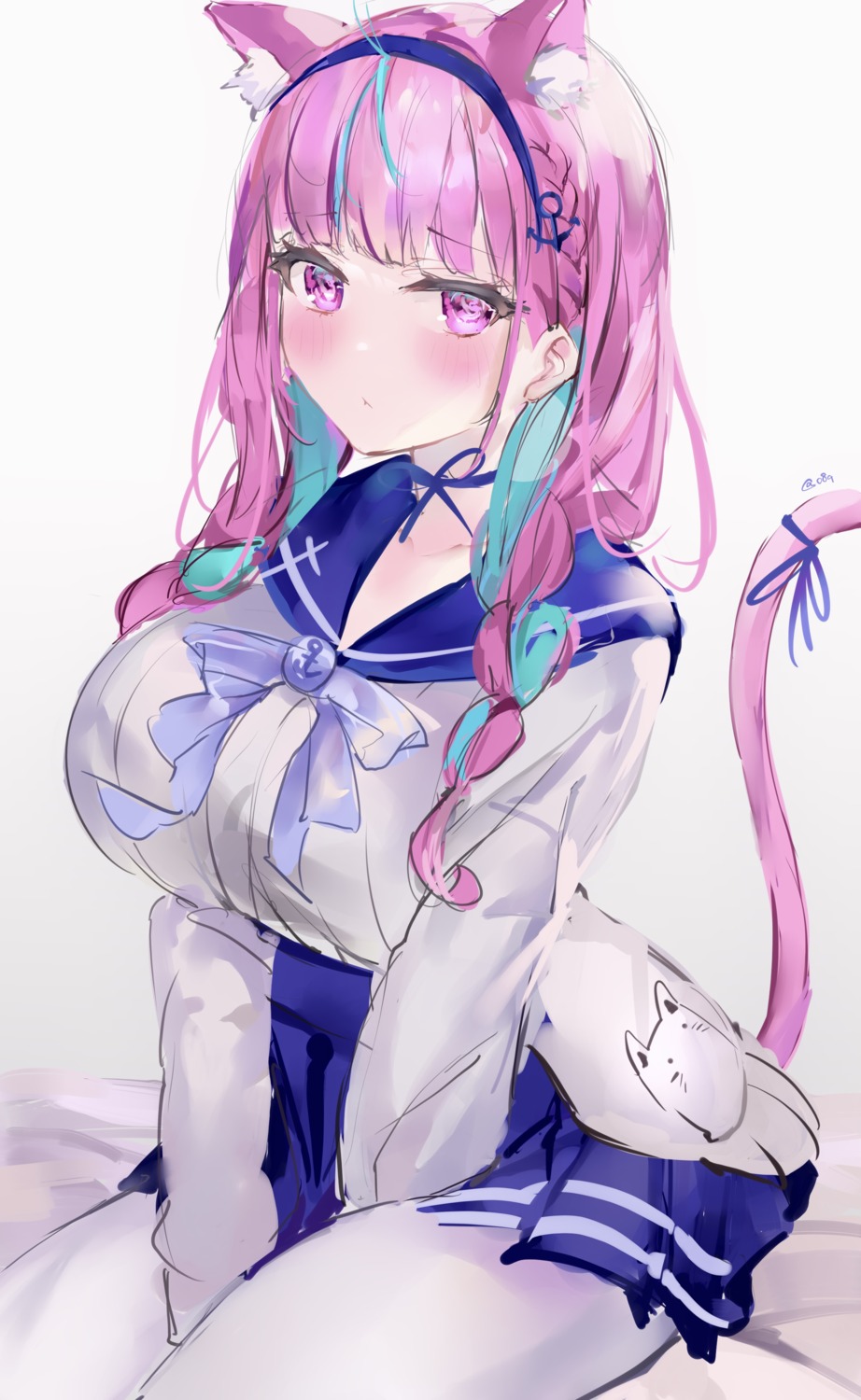 animal_ears, hololive, mile_(off8mile), minato_aqua, nekomimi, pantyhose, seifuku, sketch