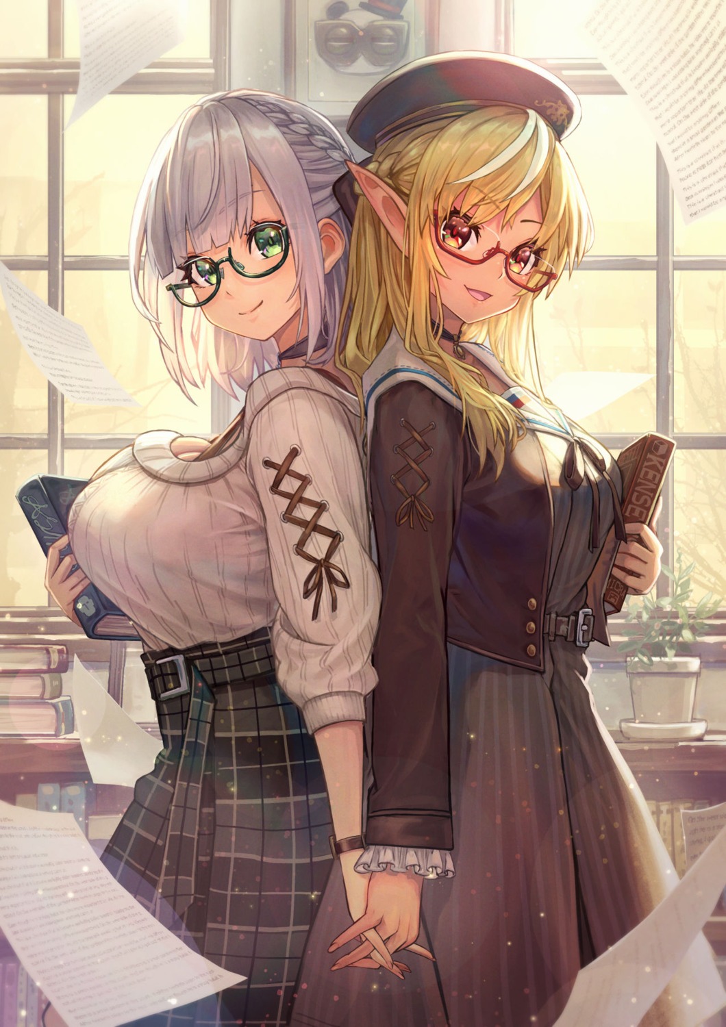 artist_revision, breast_hold, cleavage, elf, hololive, megane, pointy_ears, sakumichi