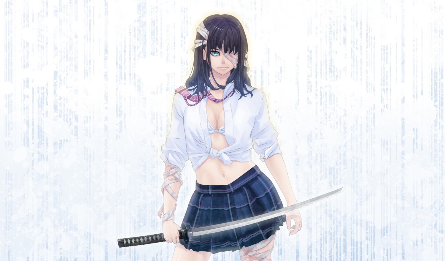 bra, eyepatch, hamada_youho, open_shirt, seifuku, sword