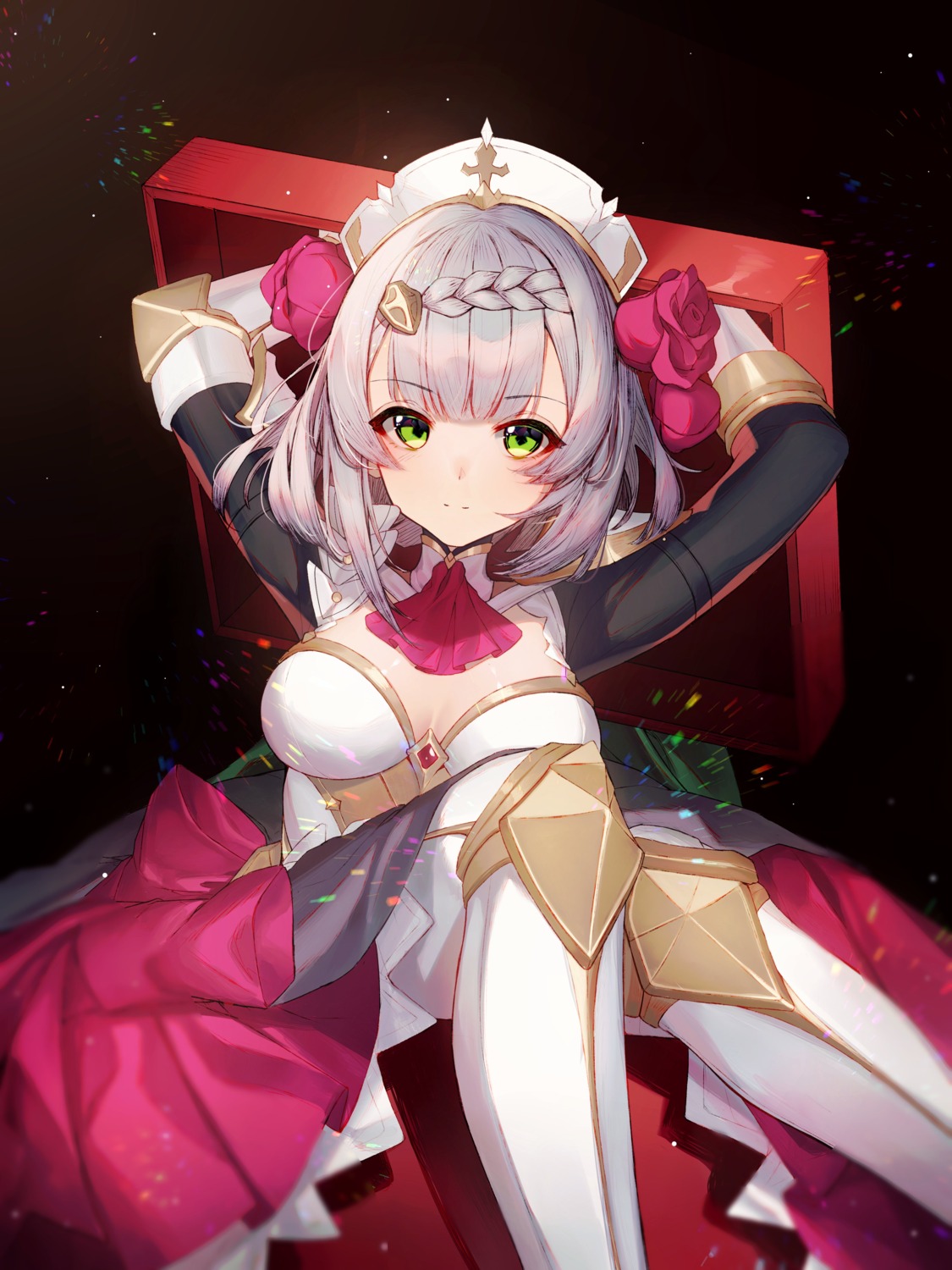 armor, cleavage, dress, genshin_impact, no_bra, noelle_(genshin_impact), skirt_lift, thighhighs