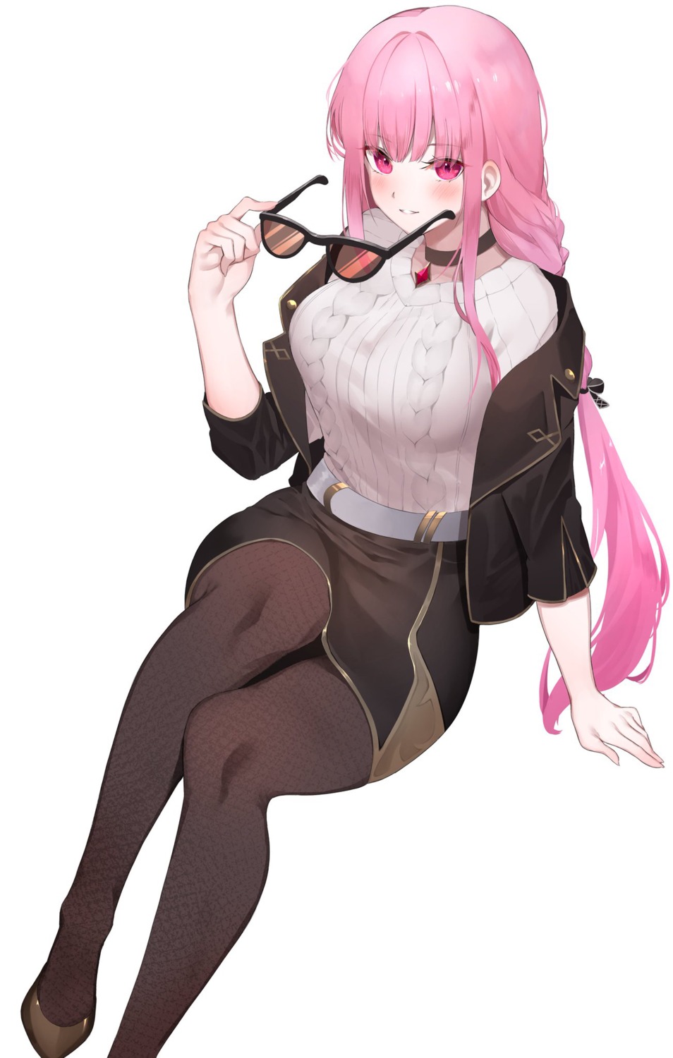 fishnets, hololive, hololive_english, megane, mori_calliope, pantyhose, skirt_lift, sweater