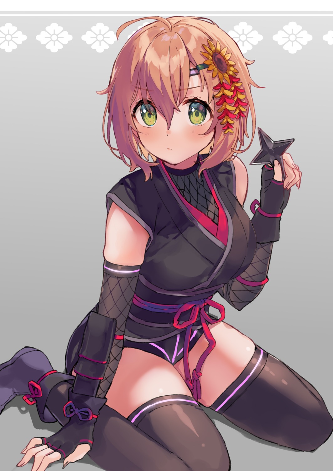 fishnets, honma_himawari, nijisanji, nijisanji_gamers, ninja, thighhighs, weapon, yumesaki_nana