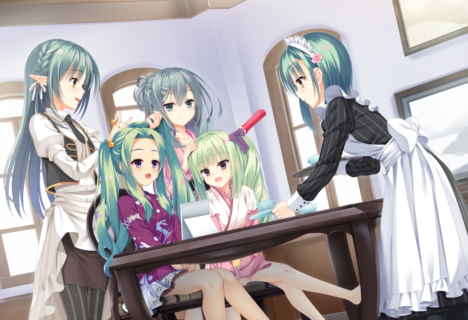 amairo_islenauts, crossover, elf, japanese_clothes, log_(8kumagawa), maid, murasame_(senren_banka), natsuzora_kanata
