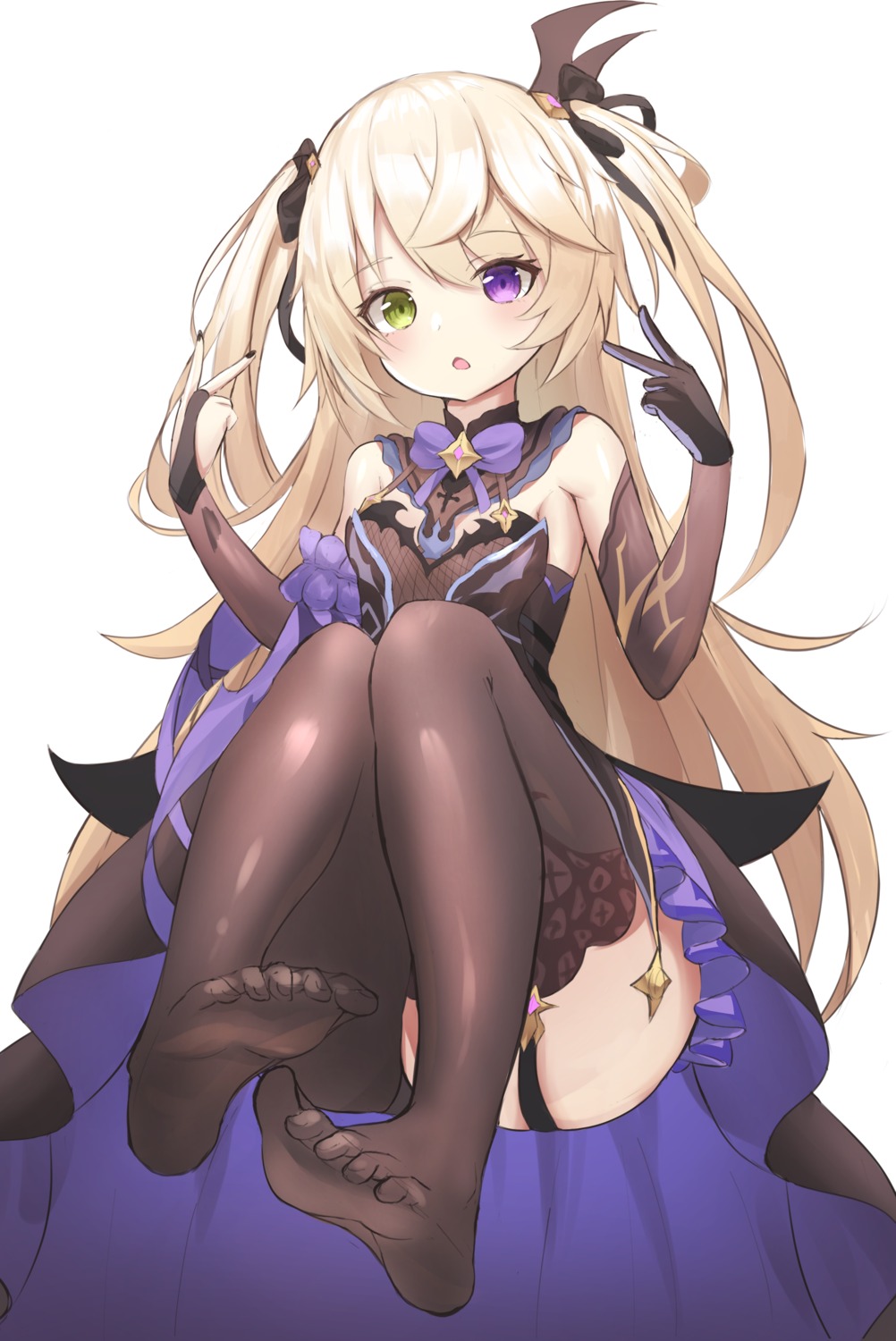 akaridreaming, feet, fischl, fishnets, genshin_impact, heterochromia, leotard, no_bra, stockings, thighhighs