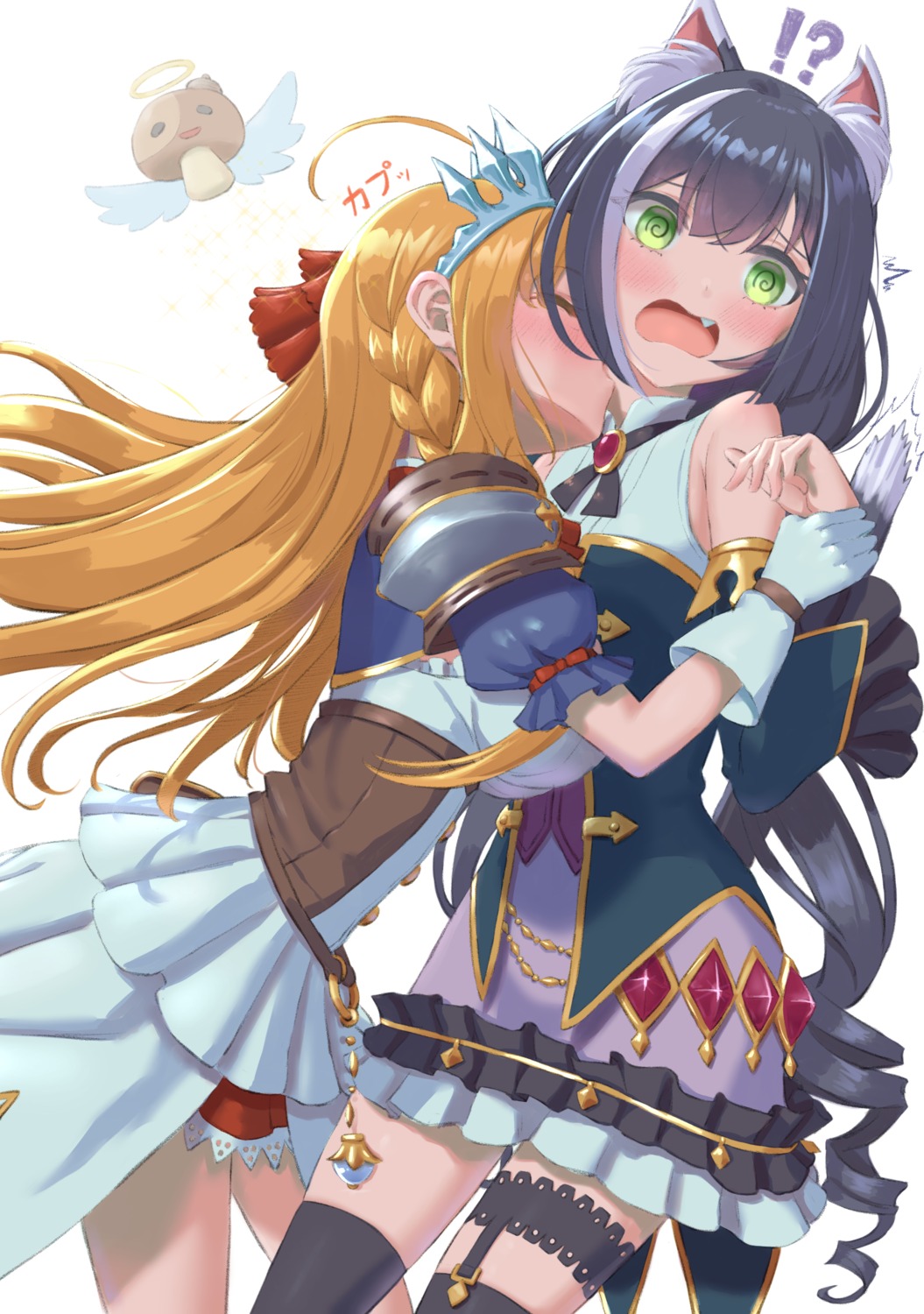 animal_ears, armor, garter, karyl_(princess_connect), nekomimi, pecorine, princess_connect!, princess_connect!_re:dive, stockings, tail, thighhighs, umirororo, yuri