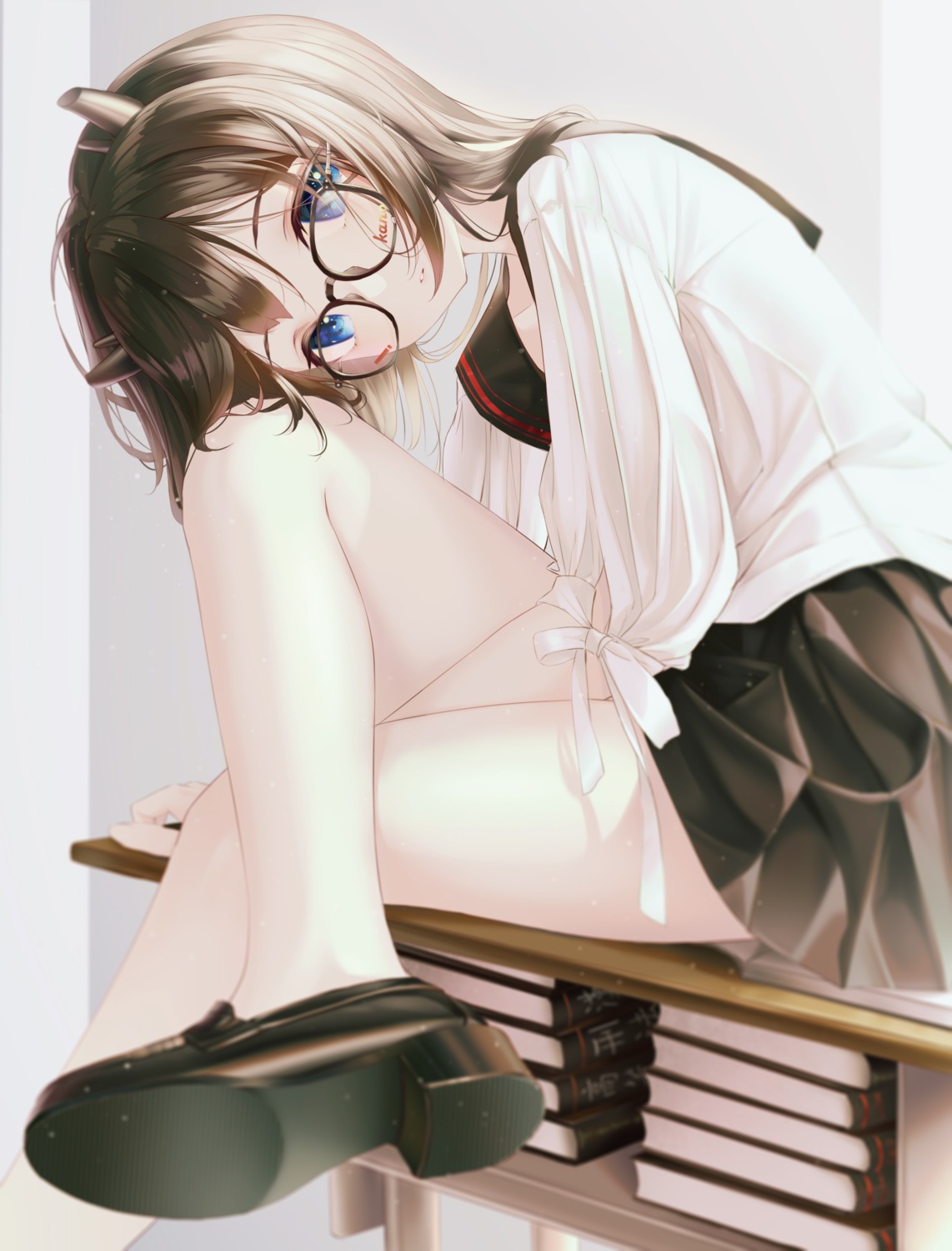 amaroku_neko, megane, seifuku, thighhighs