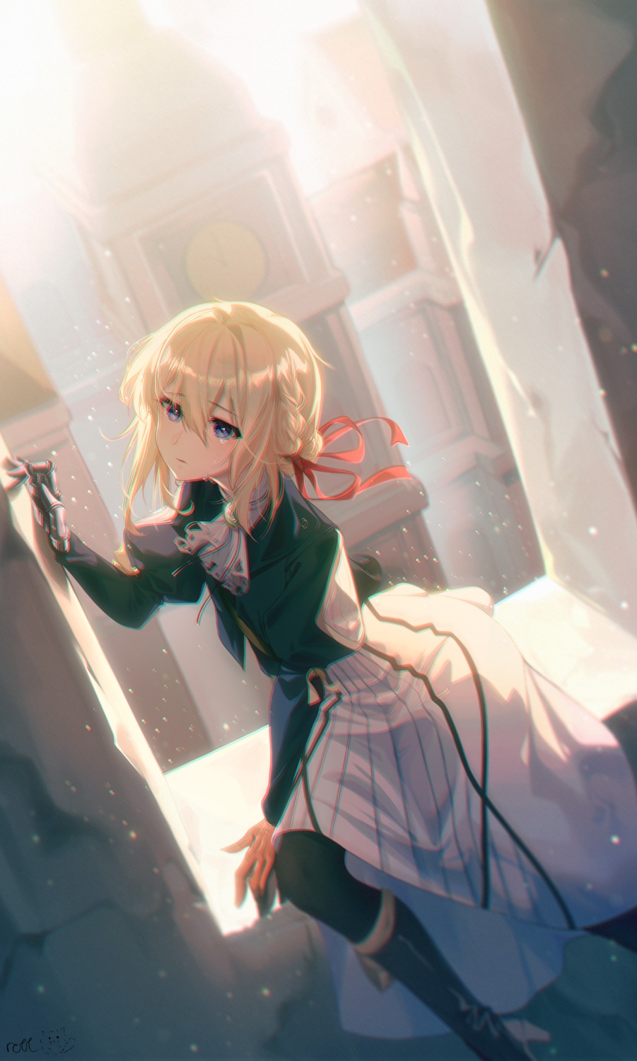 dress, heels, ildanbaggobwa, mecha_musume, pantyhose, skirt_lift, violet_evergarden, violet_evergarden_(character)