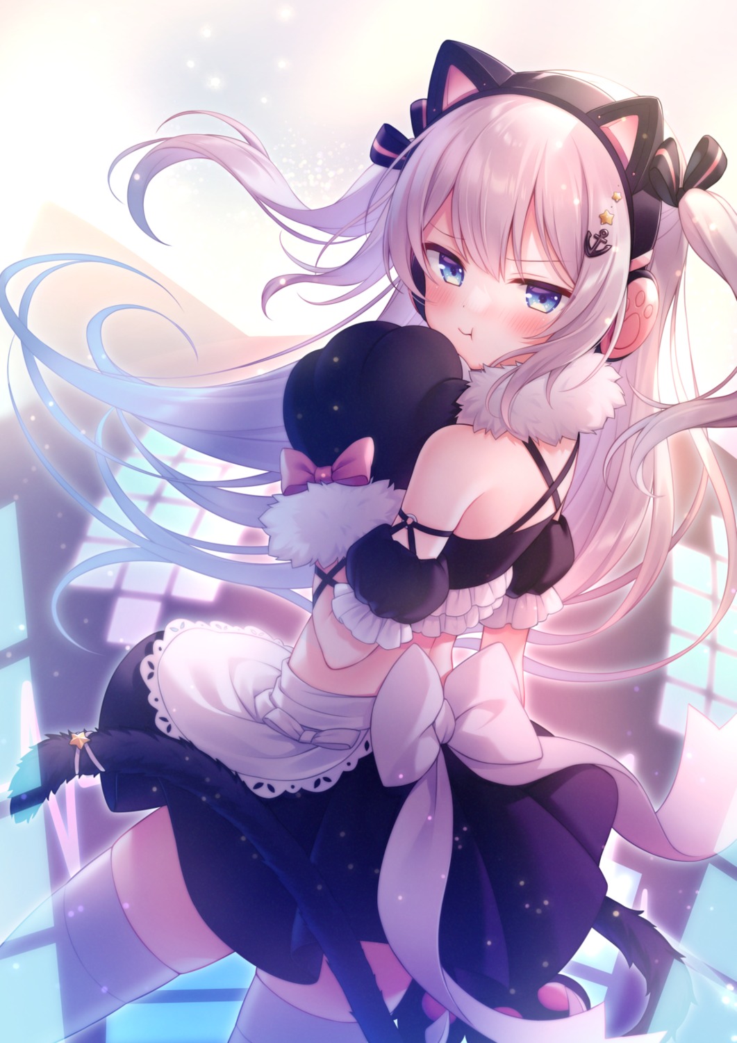 amene_kurumi, animal_ears, azur_lane, hammann_(azur_lane), headphones, maid, nekomimi, skirt_lift, tail, thighhighs