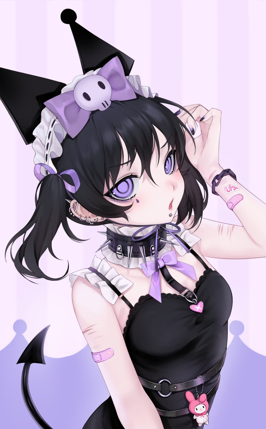 bandaid, kuromi_(sanrio), my_melody, ompf, onegai_my_melody, tail, tattoo