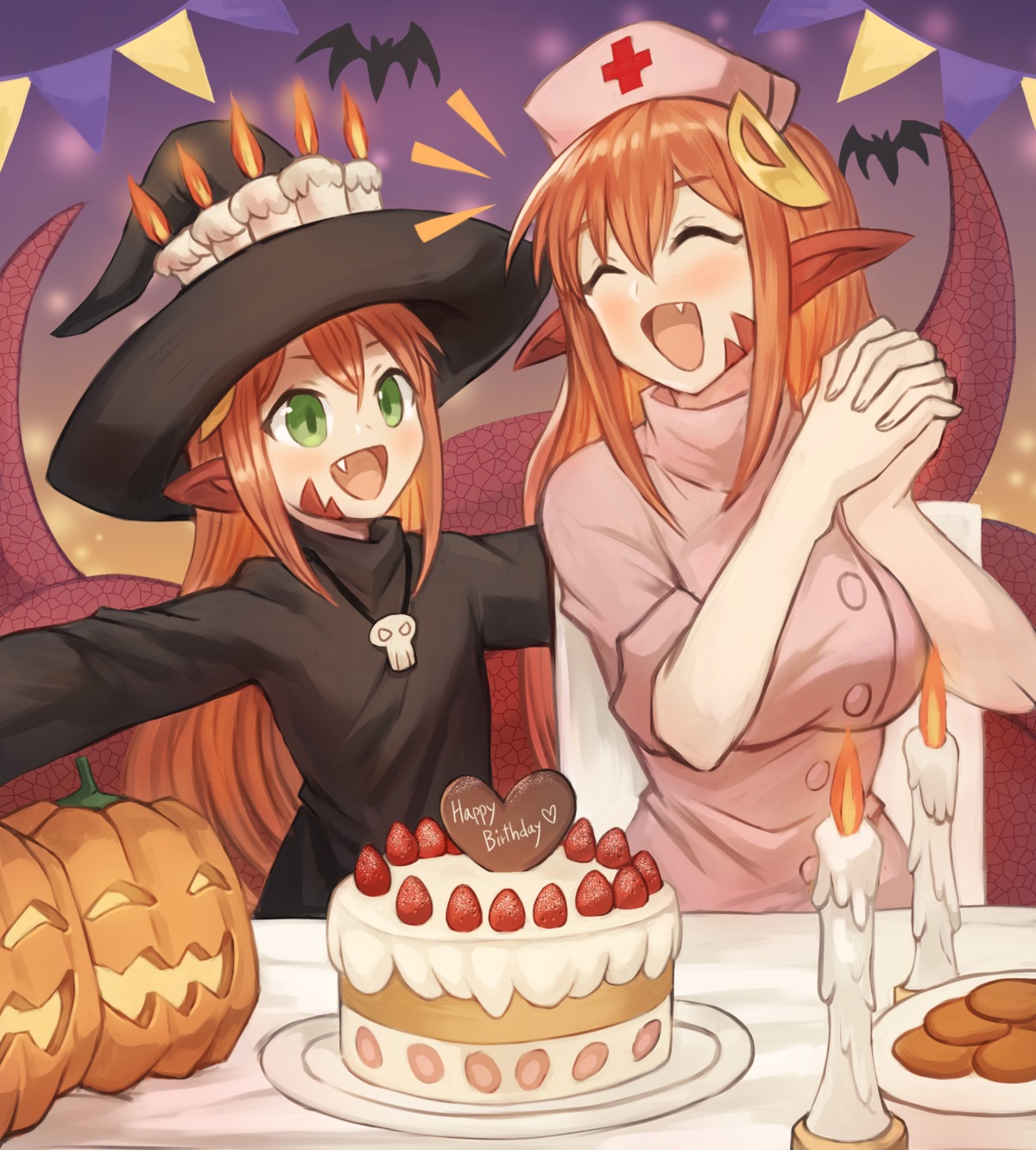 dress, halloween, miia_(monster_musume), mika_(miiafag), monster_girl, monster_musume_no_iru_nichijou, nurse, pointy_ears, sookmo, tail, witch