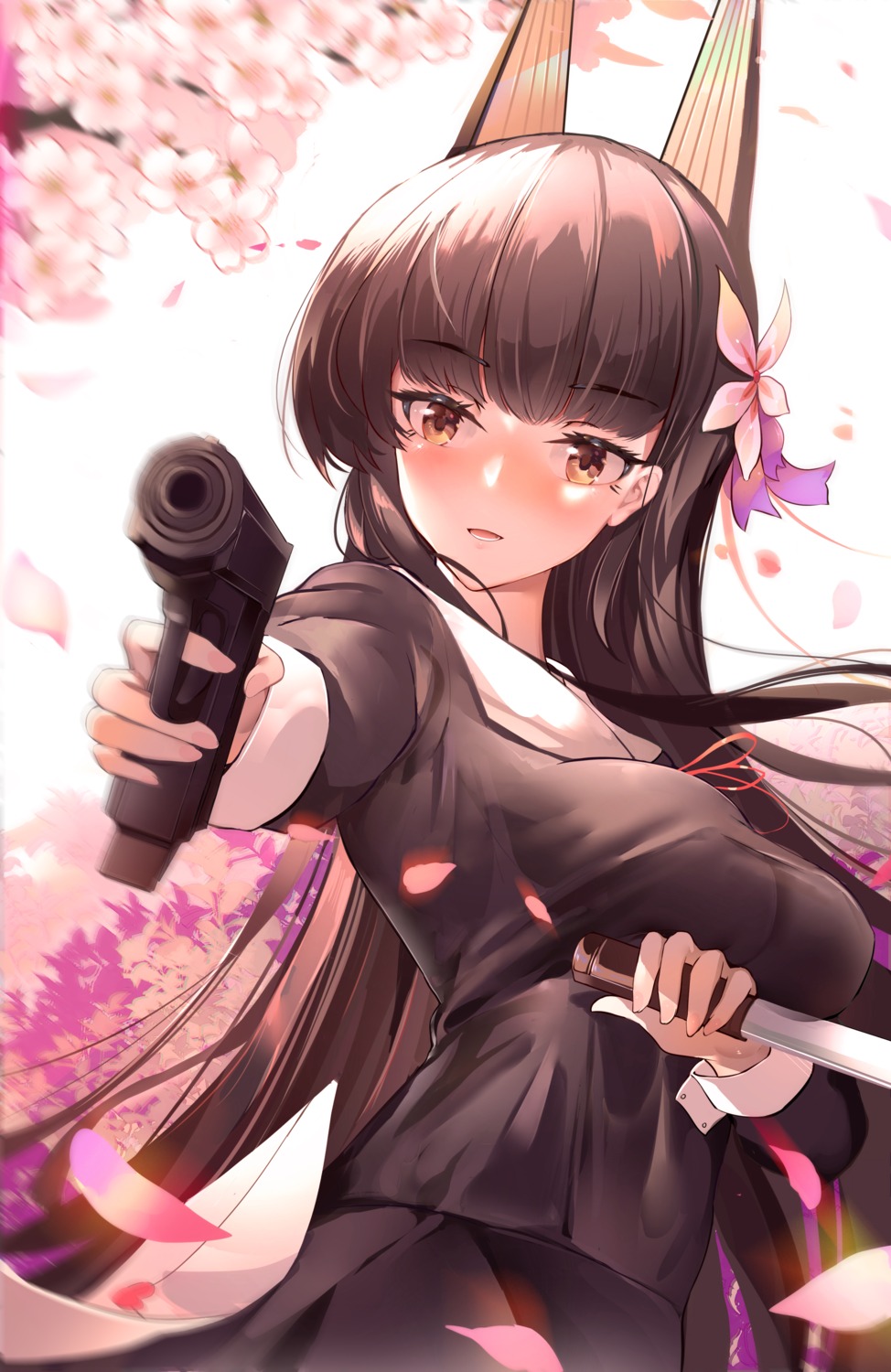 akagi_(zhanjianshaonv), animal_ears, breast_hold, gun, seifuku, weapon, xiaoshan_jiang, zhanjianshaonv