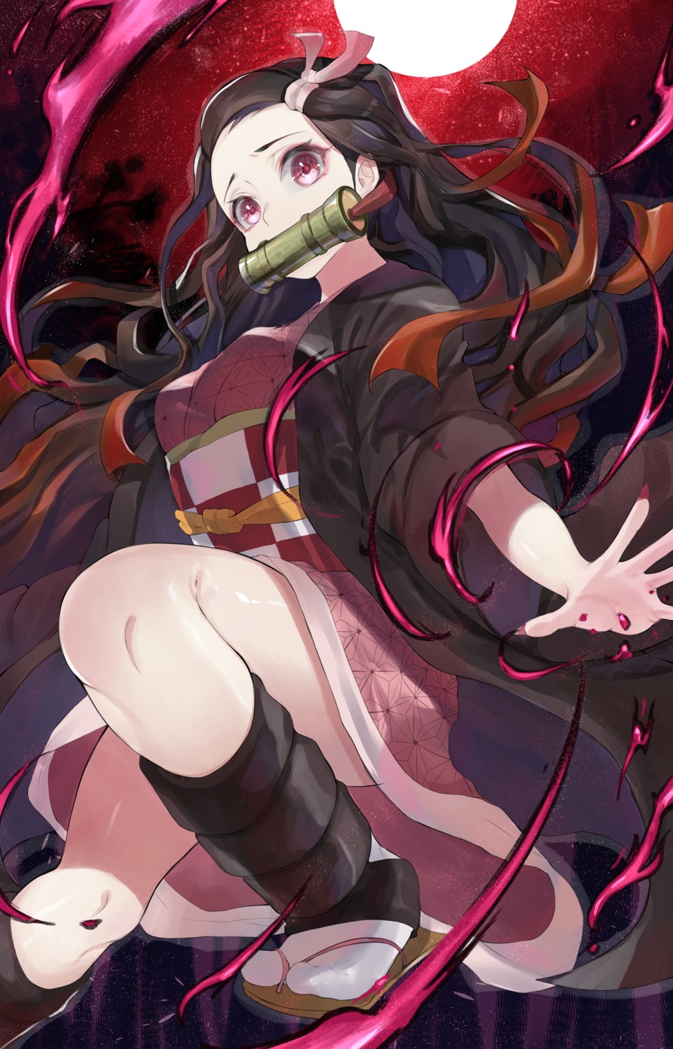 japanese_clothes, kamado_nezuko, kimetsu_no_yaiba, r_(ryo), skirt_lift