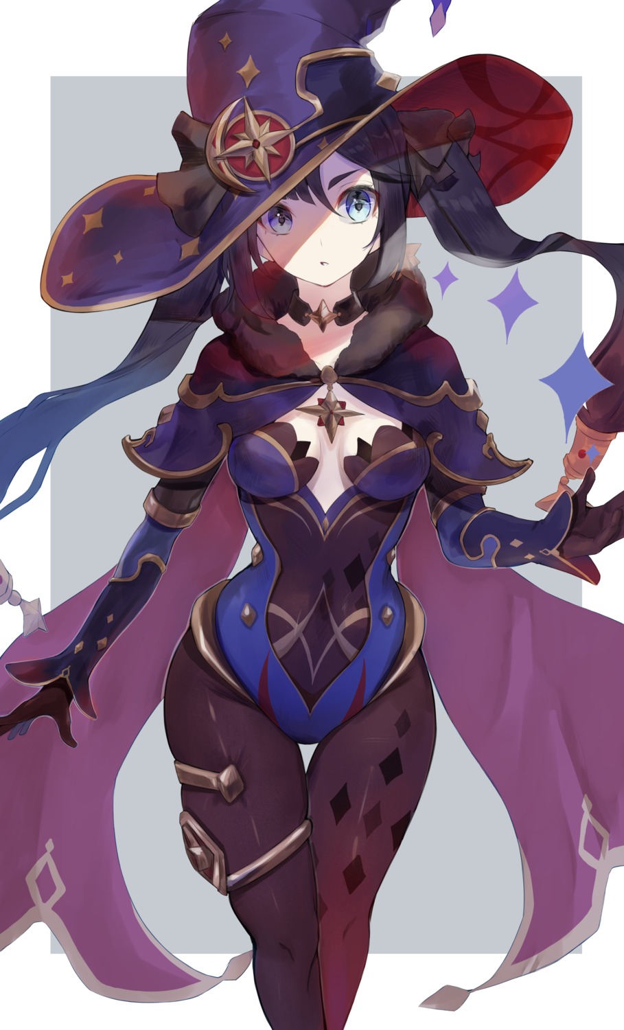 cleavage, garter, genshin_impact, leotard, mona_megistus, no_bra, pantyhose, r_(ryo), witch