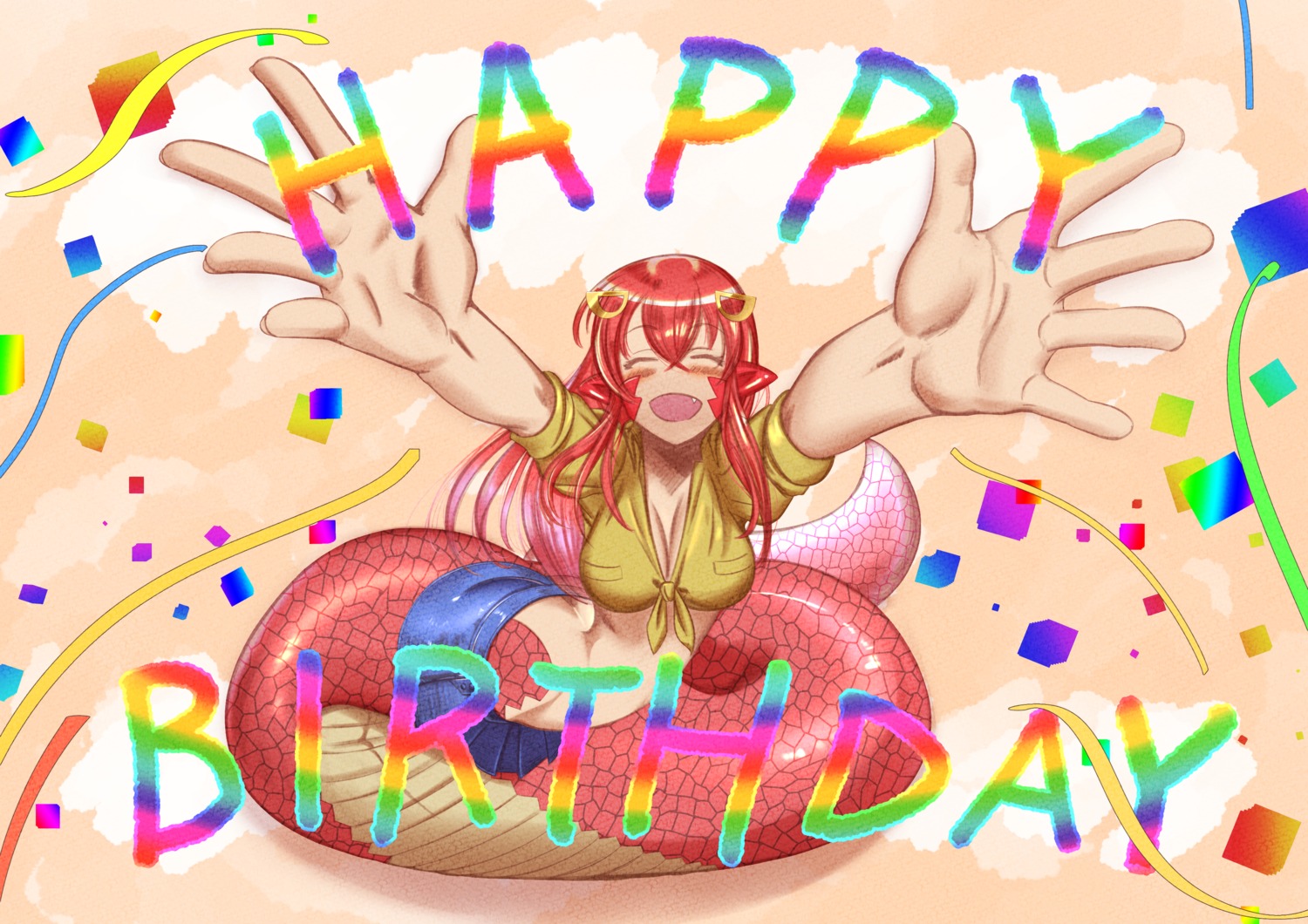 cleavage, imaani, miia_(monster_musume), monster_girl, monster_musume_no_iru_nichijou, open_shirt, pointy_ears, shirt_lift, tail