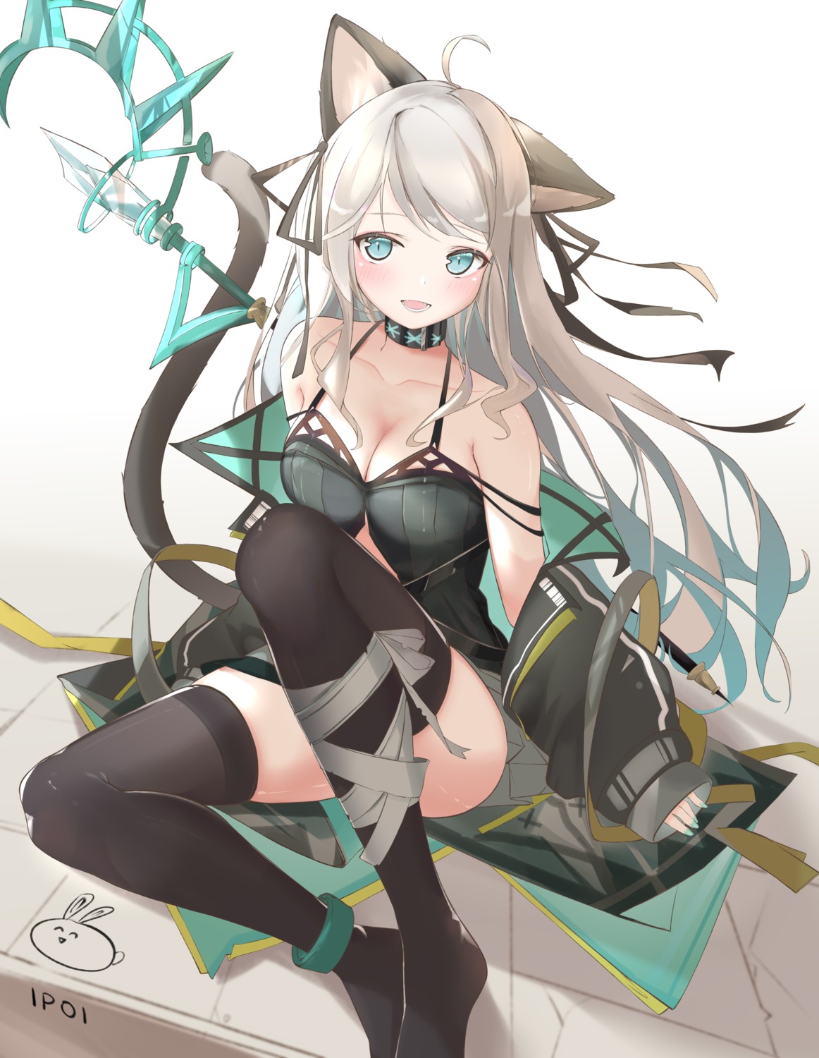 animal_ears, arknights, cleavage, mint_(arknights), nekomimi, skirt_lift, tail, thighhighs