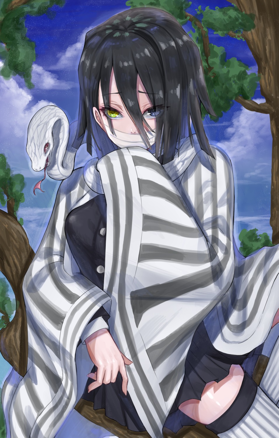 genderswap, heterochromia, iguro_obanai, japanese_clothes, kimetsu_no_yaiba, r_(ryo), skirt_lift, thighhighs
