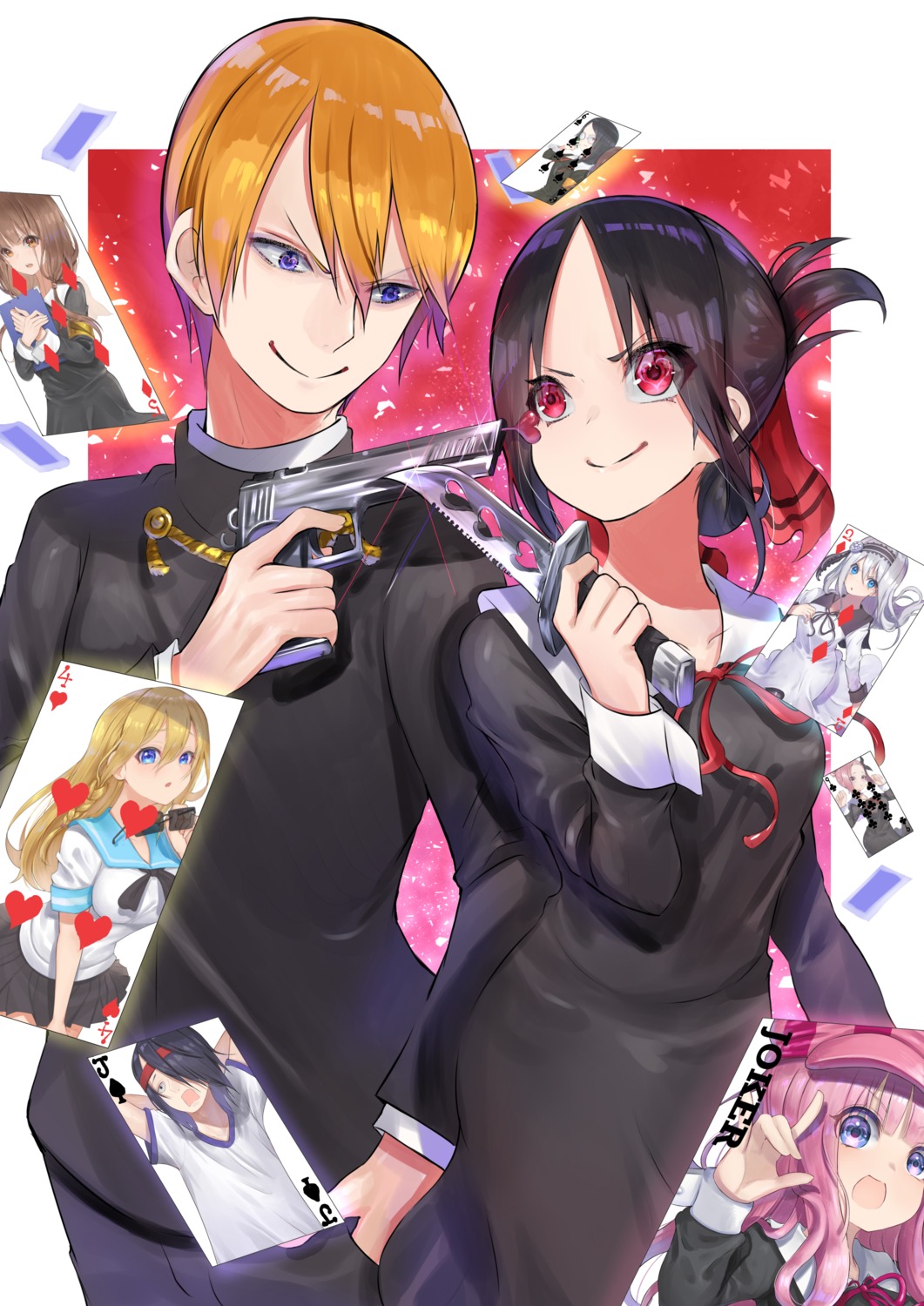 fujiwara_chika, gun, hayasaka_ai, haysaca_a._smithee, iino_miko, ishigami_yuu, kaguya-sama_wa_kokurasetai_~tensai-tachi_no_renai_zunousen~, koyasu_tsubame, osaragi_kobachi, r_(ryo), seifuku, shinomiya_kaguya, shirogane_kei, shirogane_miyuki, weapon