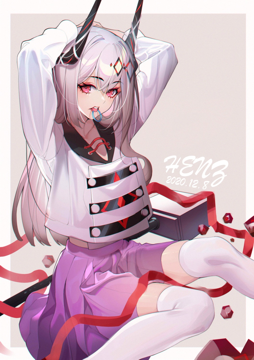 arknights, henz, horns, mudrock_(arknights), seifuku, thighhighs