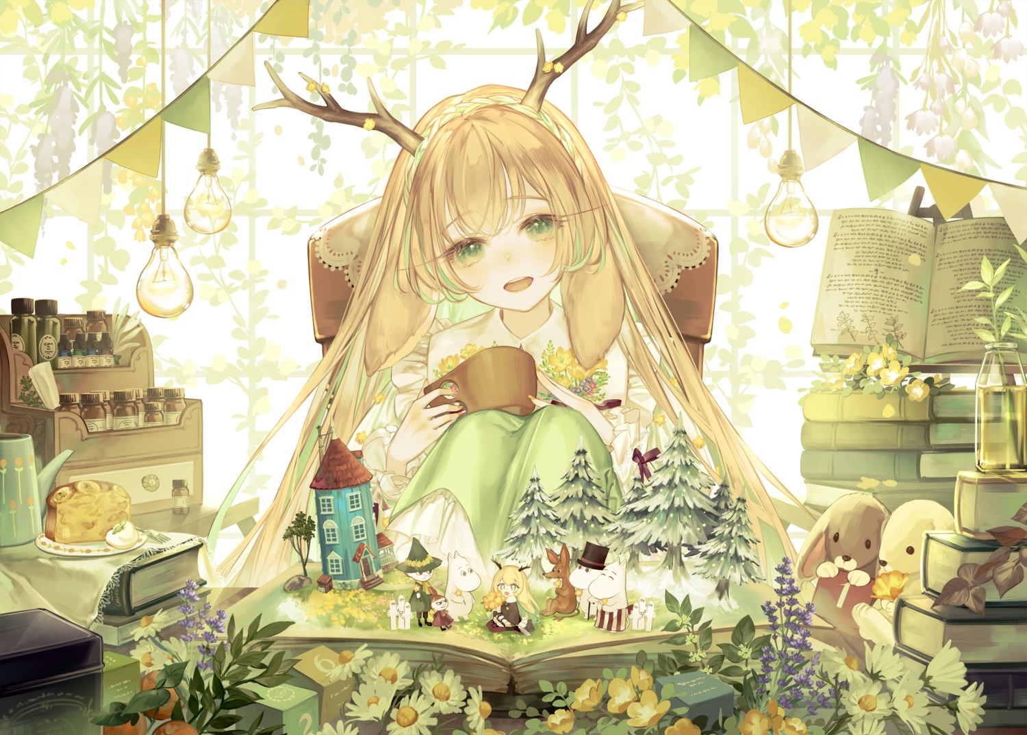 animal_ears, animare, bunny_ears, crossover, horns, moomin, nanashi_inc., tsukinoki_tirol, yoggi_(stretchmen)