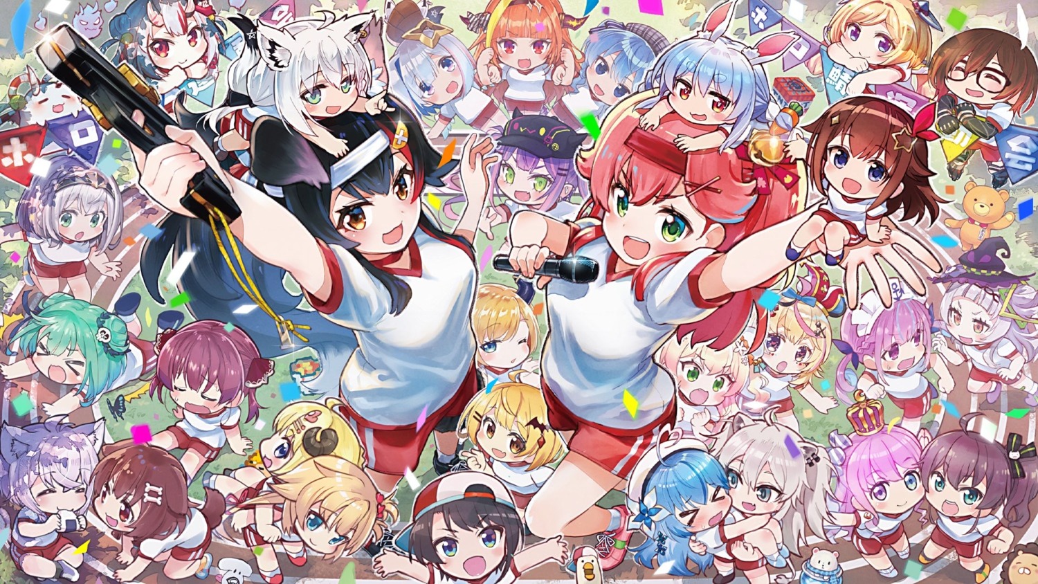 akai_haato, aki_rosenthal, amane_kanata, angel, animal_ears, armor, bunny_ears, chibi