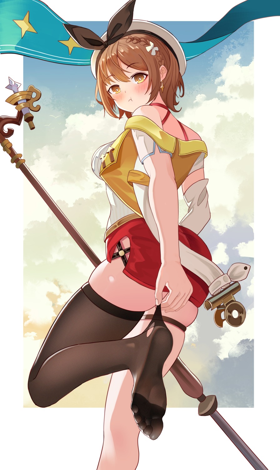 ass, atelier, atelier_ryza, atelier_ryza_2, feet, garter, he_c92, reisalin_stout, thighhighs, torn_clothes, weapon