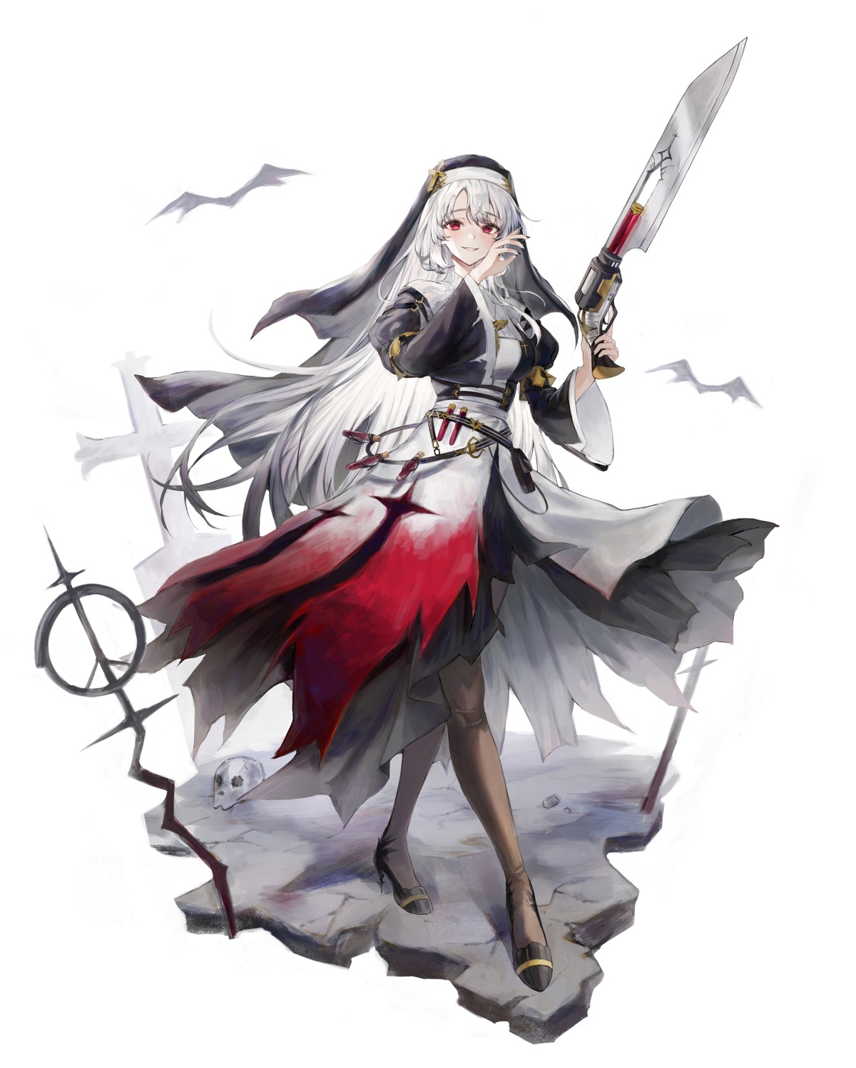 gun, heels, hongnabya, nun, pantyhose, skirt_lift, weapon