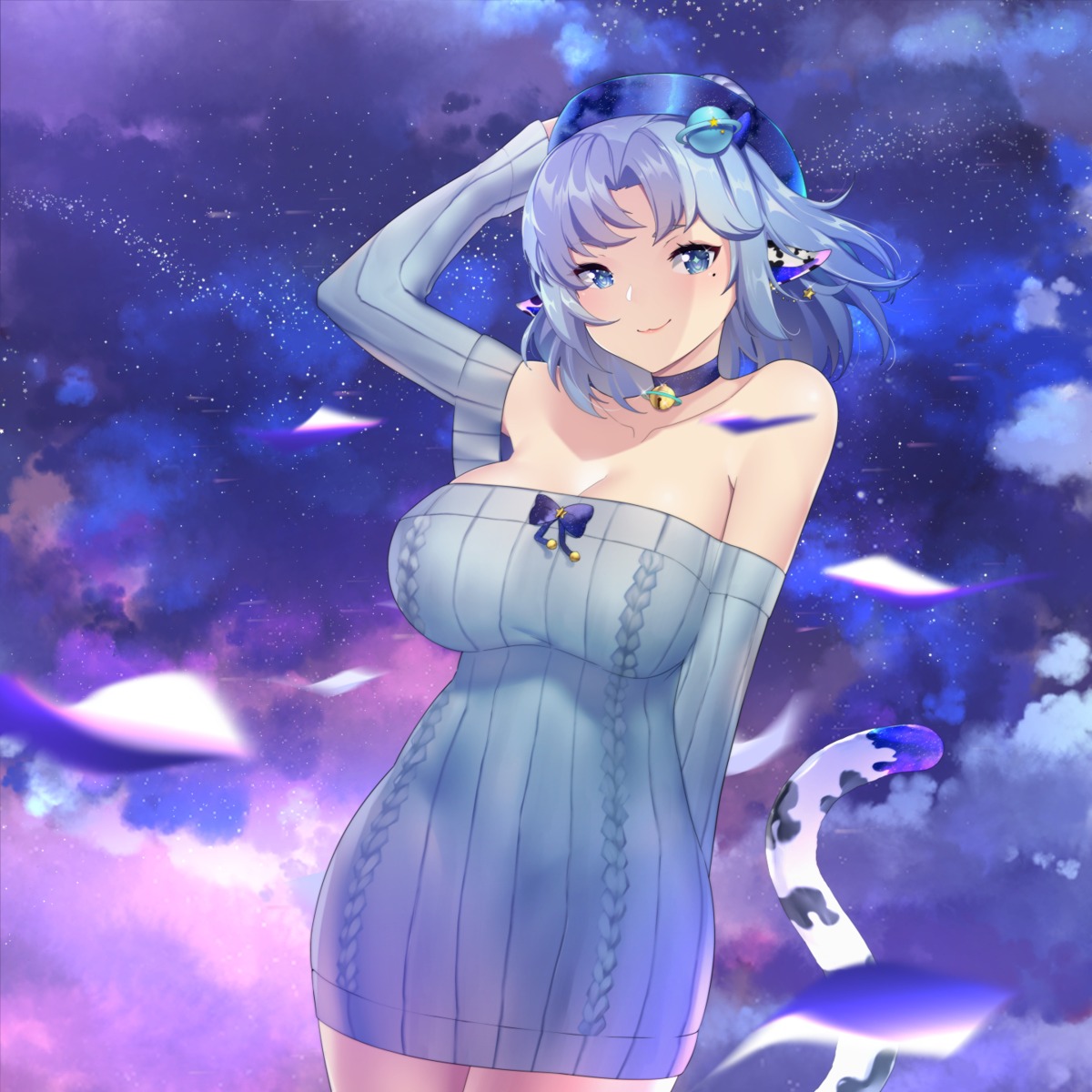 animal_ears, cleavage, dress, horns, kaiend, no_bra, sweater, tail