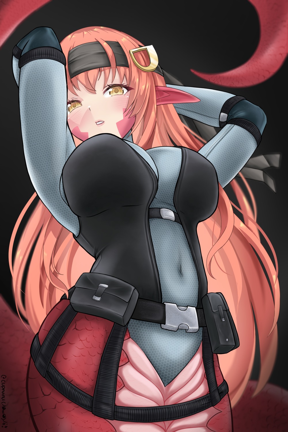 bodysuit, cosplay, cupnunu, metal_gear_solid, miia_(monster_musume), monster_musume_no_iru_nichijou, pointy_ears, solid_snake