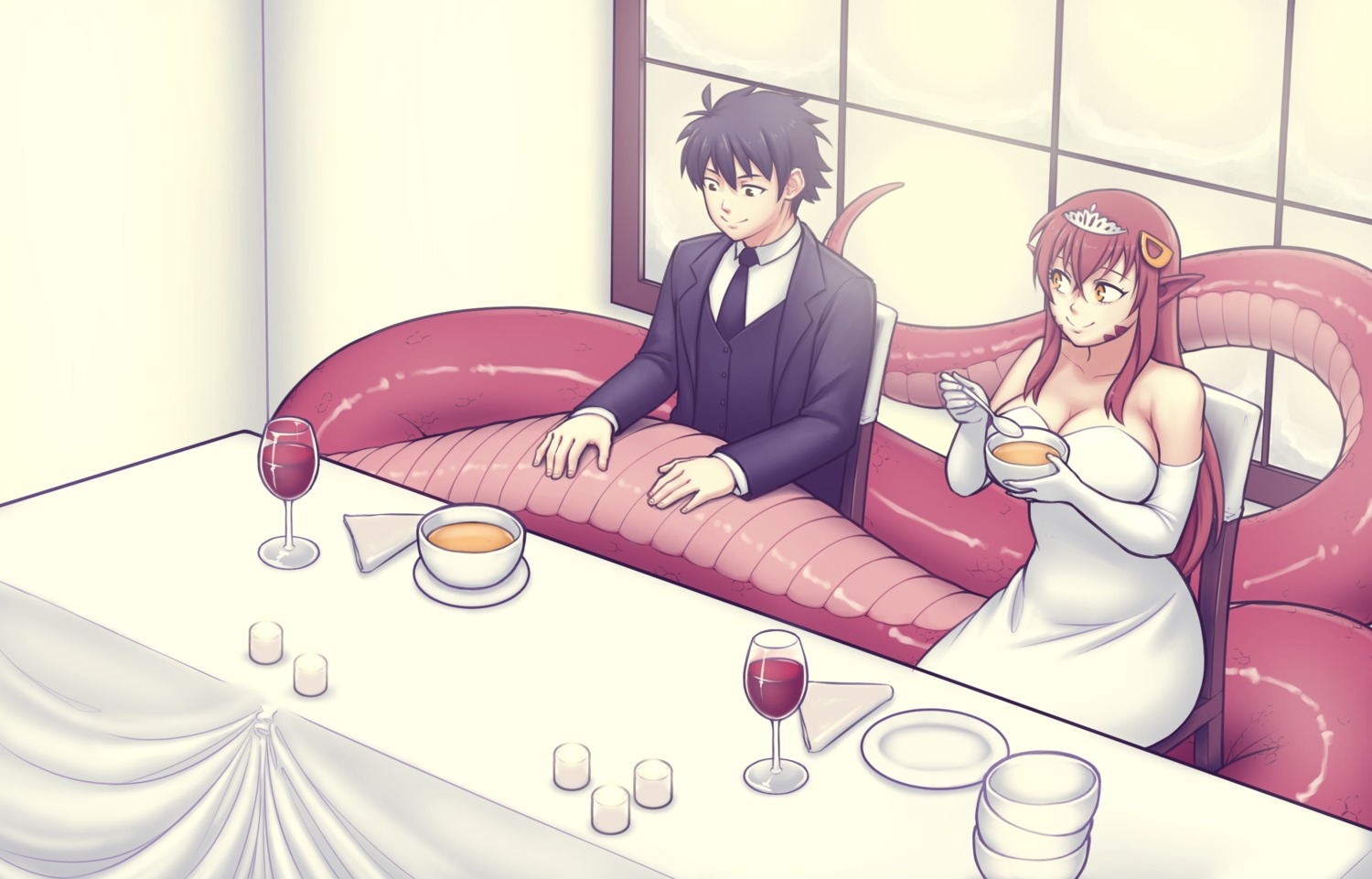 better-with-salt, business_suit, cleavage, dress, kurusu_kimihito, miia_(monster_musume), monster_musume_no_iru_nichijou, no_bra