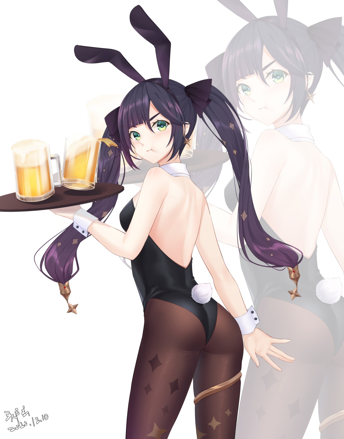 animal_ears, ass, bunny_ears, bunny_girl, garter, genshin_impact, mona_megistus, no_bra