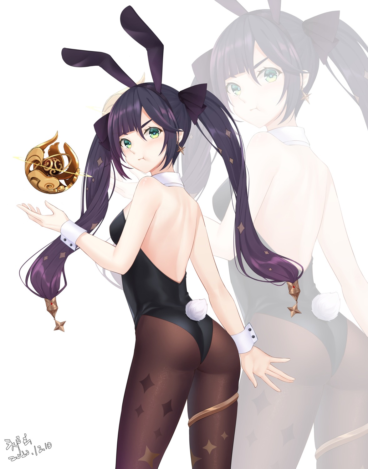 animal_ears, ass, bunny_ears, bunny_girl, garter, genshin_impact, mona_megistus, no_bra