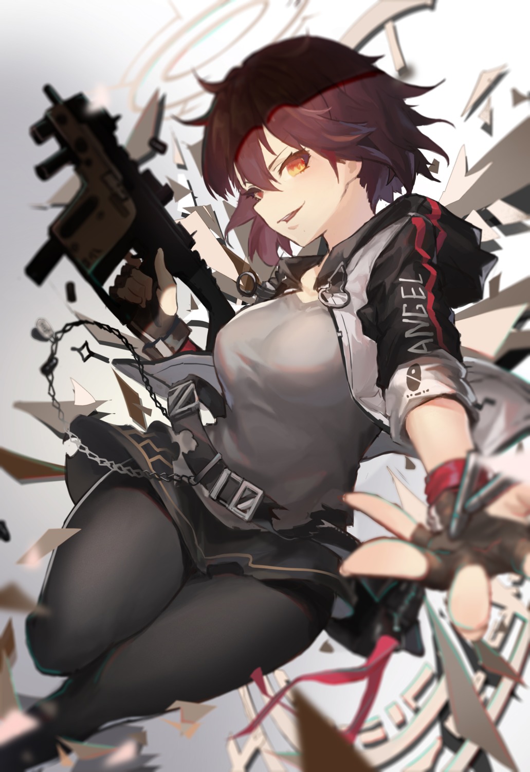 angel, arknights, exusiai_(arknights), gun, kami_otona, pantyhose, skirt_lift, wings