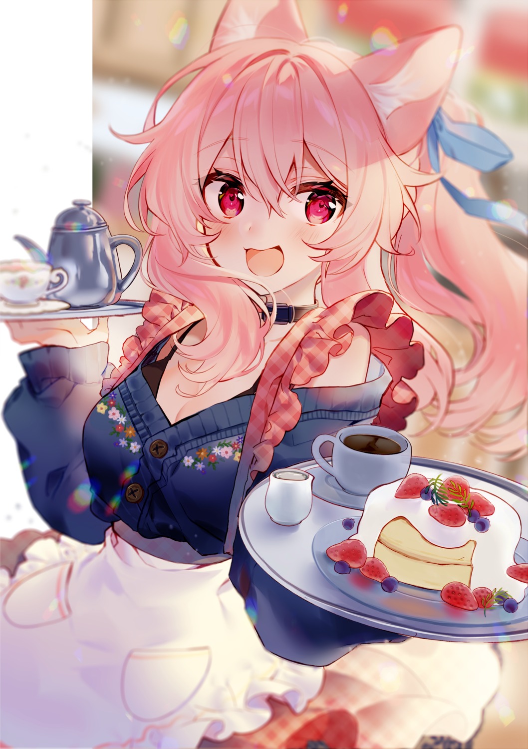 animal_ears, bra, cleavage, kawachi_rin, nekomimi, sweater, waitress